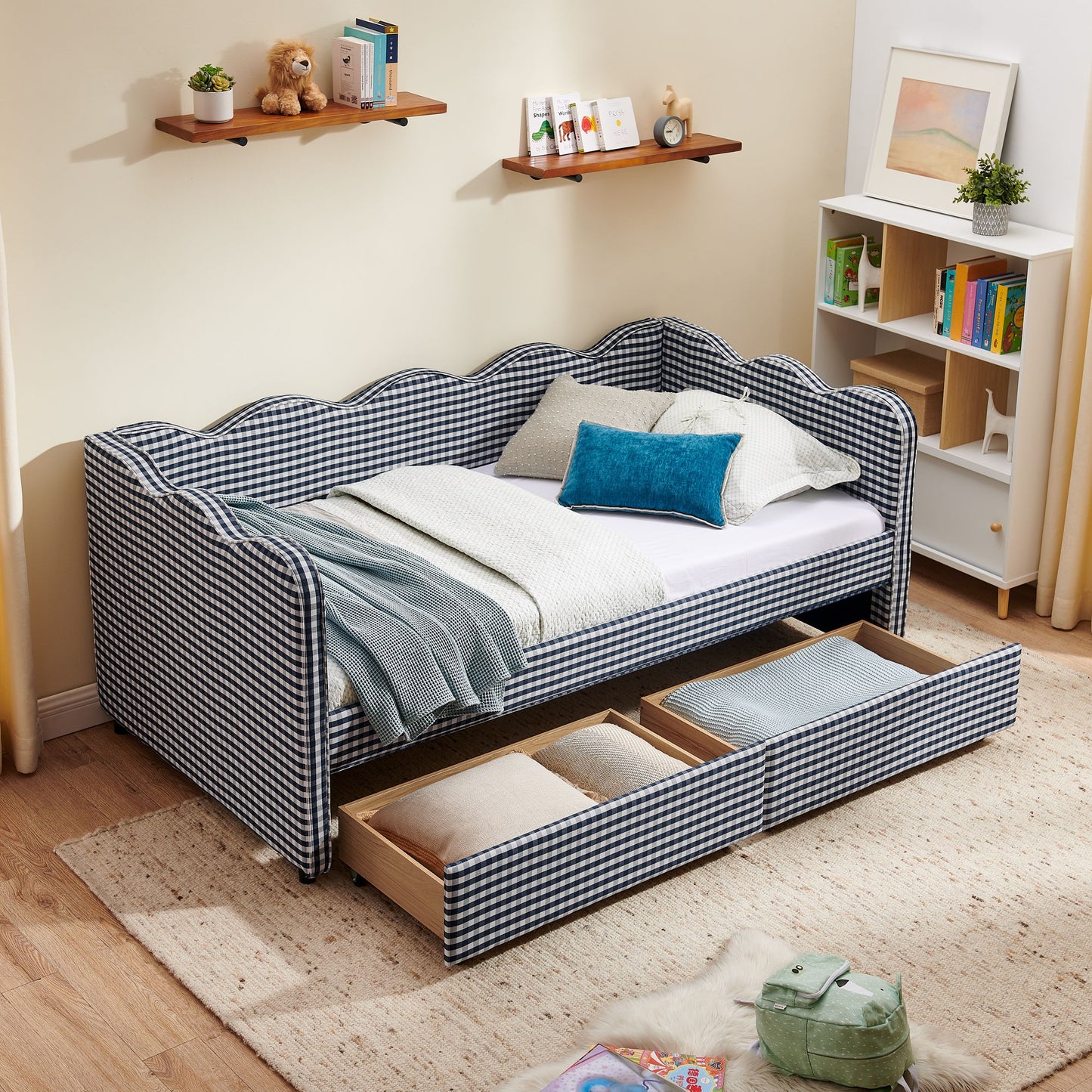 Gingham Daybed With USB Charging Port, Wave-Shaped Design - The Sleep Loft - Online Mattress Showroom NYC