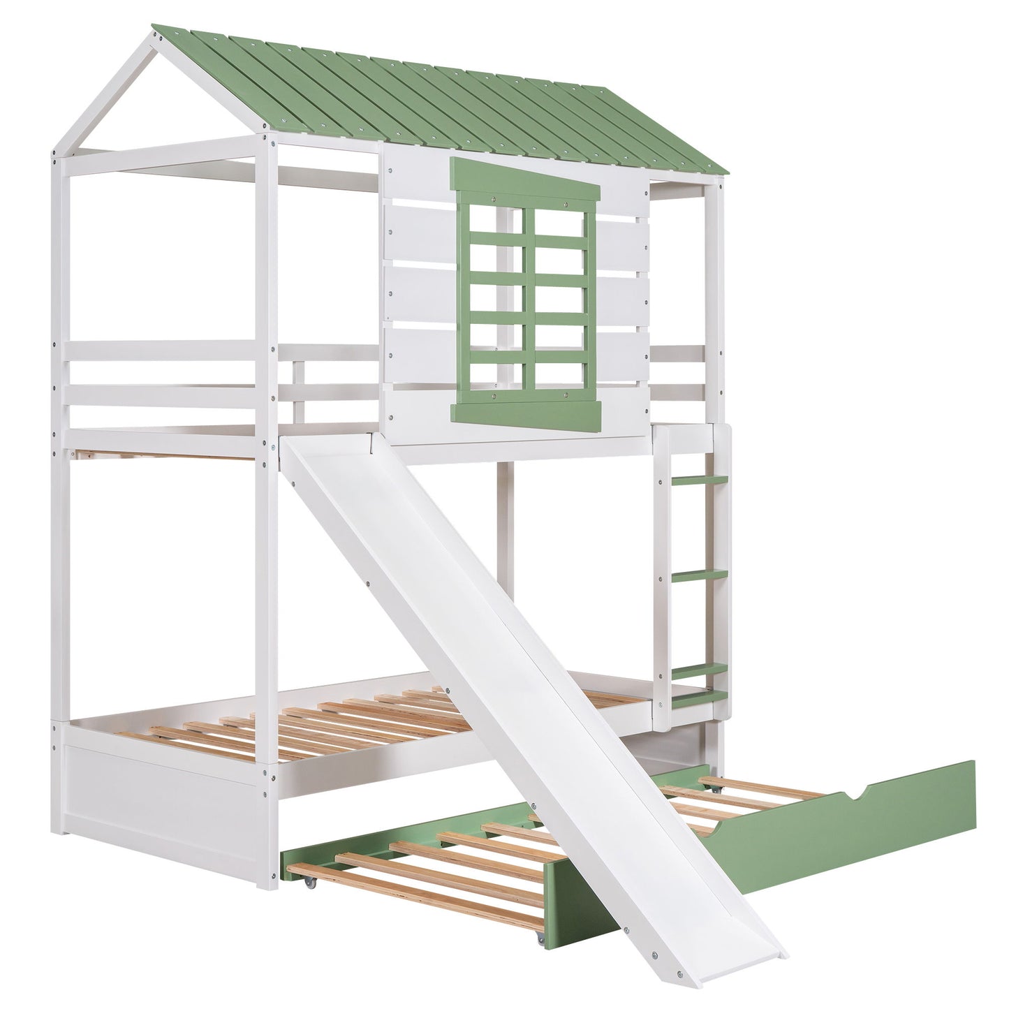Twin Over Twin House Bunk Bed With Convertible Slide And Trundle - White - The Sleep Loft - Online Mattress Showroom NYC