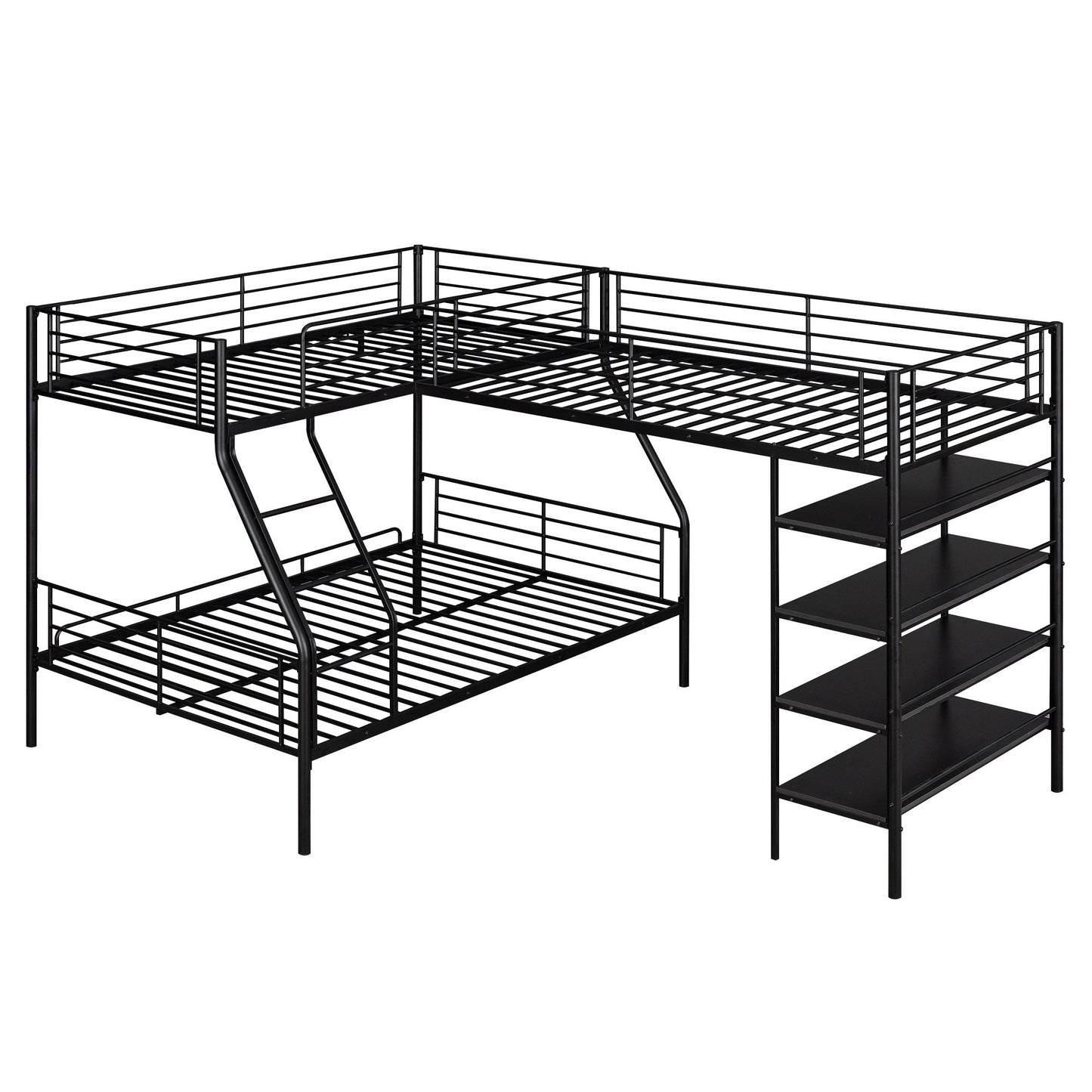 L-Shaped Twin Over Full Bunk Bed And Twin Loft Bed With 4 Built In Shelves - Black - The Sleep Loft - Online Mattress Showroom NYC