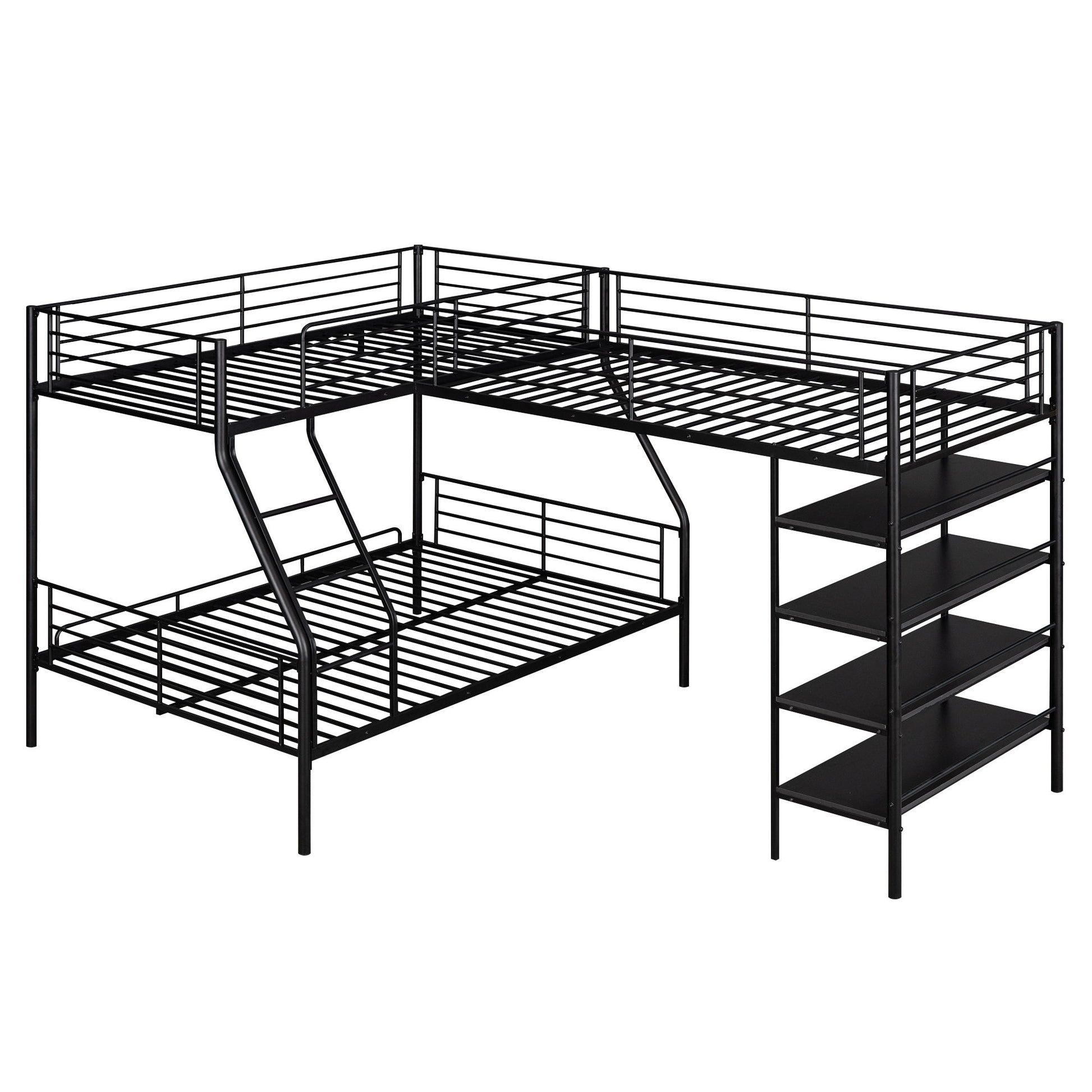 L-Shaped Twin Over Full Bunk Bed And Twin Loft Bed With 4 Built In Shelves - Black - The Sleep Loft - Online Mattress Showroom NYC