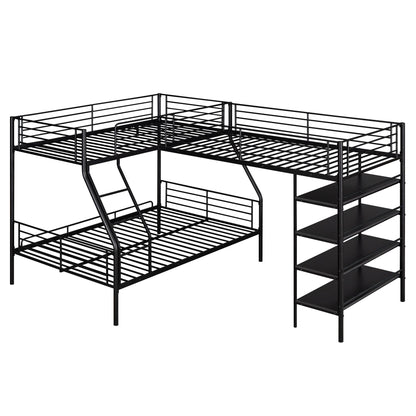 L-Shaped Twin Over Full Bunk Bed And Twin Loft Bed With 4 Built In Shelves - Black - The Sleep Loft - Online Mattress Showroom NYC