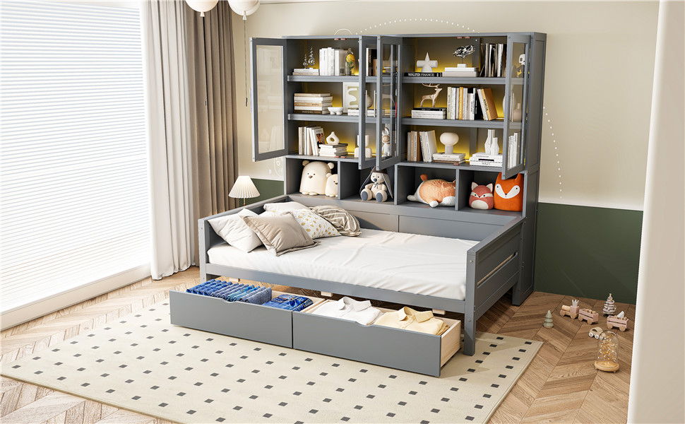 Daybed With Glass Door Storage Cabinets, Built In LED Lighting And Shelves - The Sleep Loft - Online Mattress Showroom NYC
