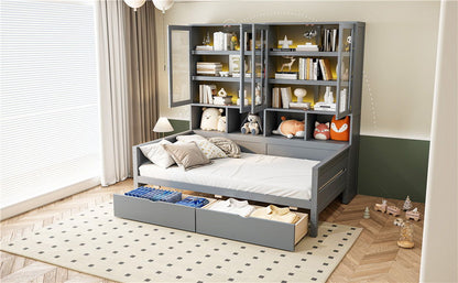 Daybed With Glass Door Storage Cabinets, Built In LED Lighting And Shelves - The Sleep Loft - Online Mattress Showroom NYC