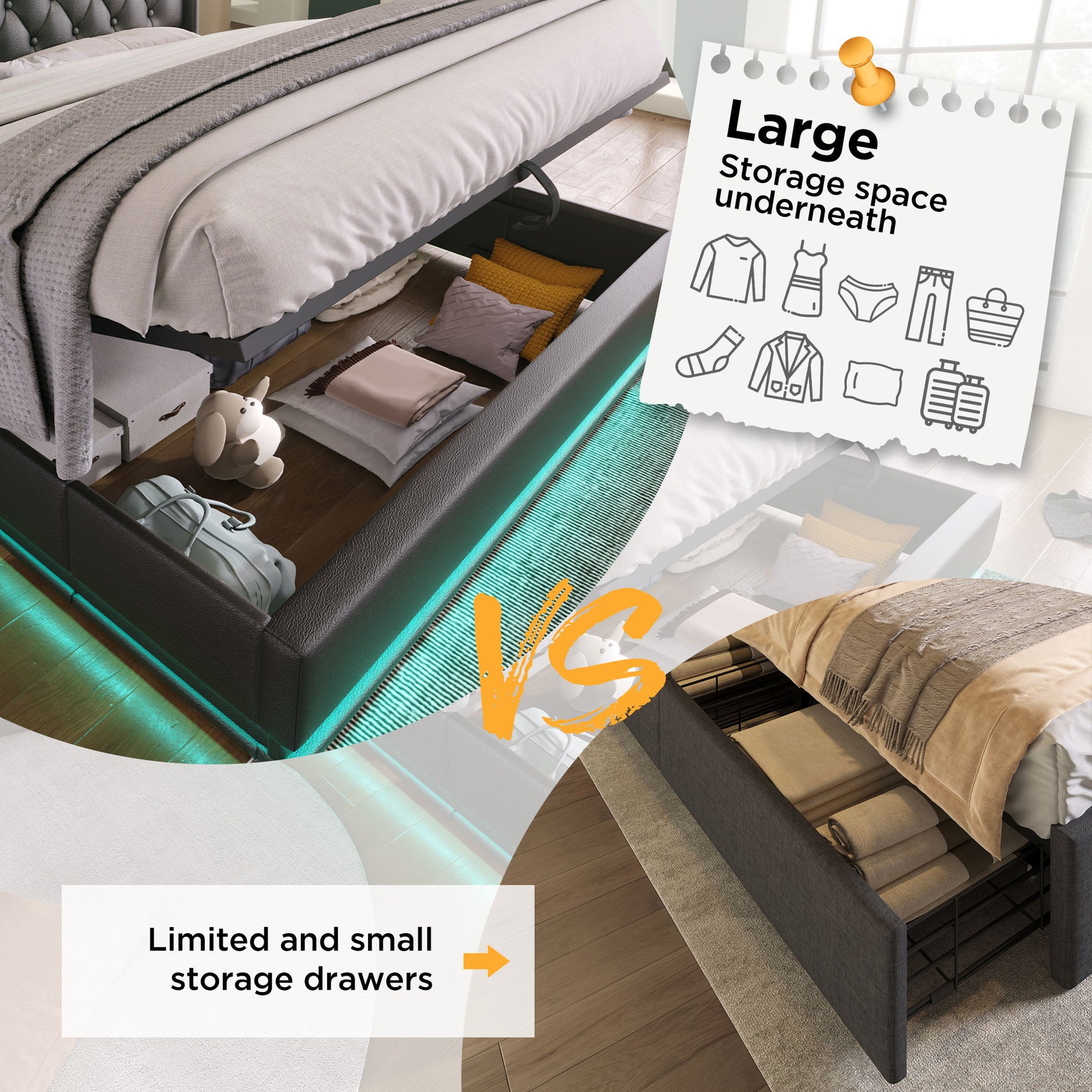 Upholstered Bed, 360 Surround LED Function, Remote Control, Hydraulic Storage Bed With USB, Type-C Charging (Without Mattress) - The Sleep Loft - Online Mattress Showroom NYC