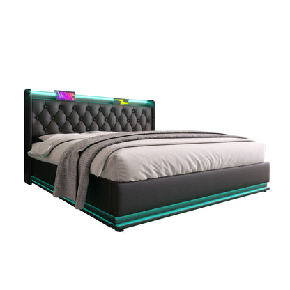 Upholstered Bed, 360 Surround LED Function, Remote Control, Hydraulic Storage Bed With USB, Type-C Charging (Without Mattress) - The Sleep Loft - Online Mattress Showroom NYC