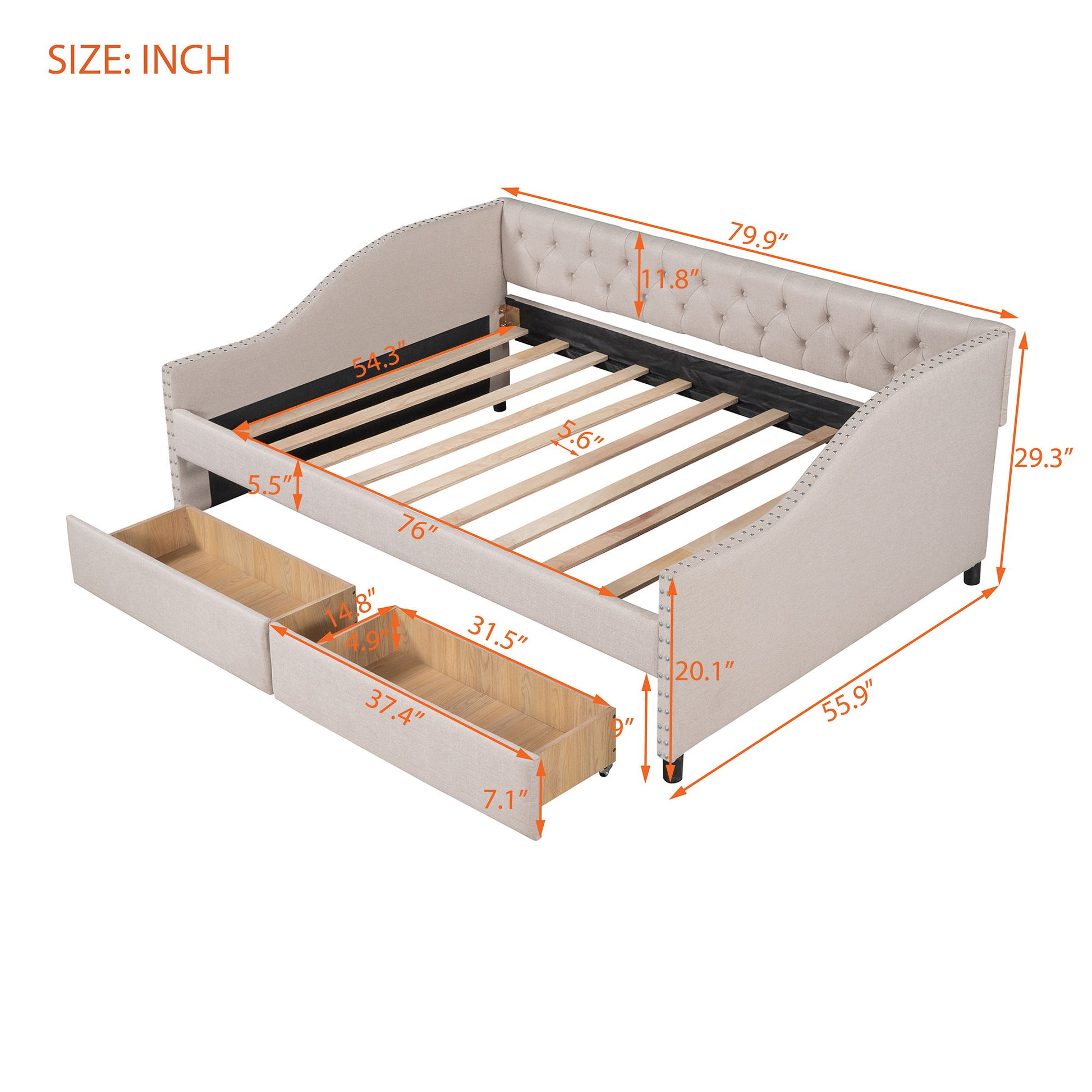 Upholstered Daybed With Two Drawers, Wood Slat Support - The Sleep Loft - Online Mattress Showroom NYC