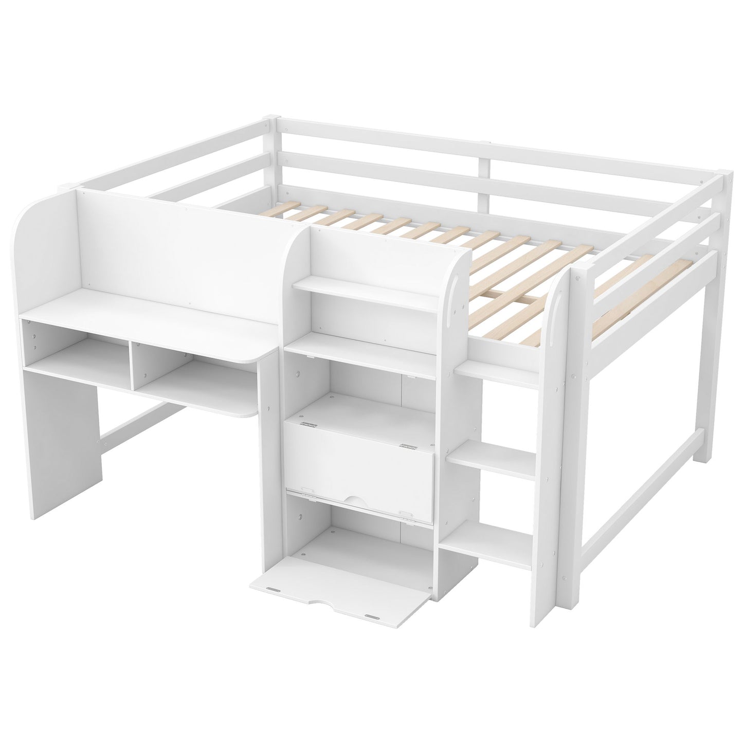 Low Loft Bed With Built In Desk, Storage Cabinets, Open Bookcase And Doodle board - The Sleep Loft - Online Mattress Showroom NYC