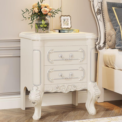 Carved Nightstand With 2 Drawers, Bedside Table - White