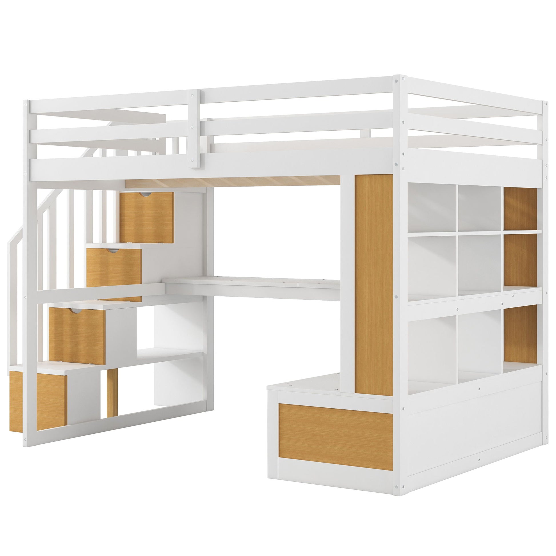 Full Size Loft Bed With Desk And Shelves, 2 Built In Drawers, Storage Staircase - Natural / White - The Sleep Loft - Online Mattress Showroom NYC