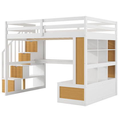 Full Size Loft Bed With Desk And Shelves, 2 Built In Drawers, Storage Staircase - Natural / White - The Sleep Loft - Online Mattress Showroom NYC