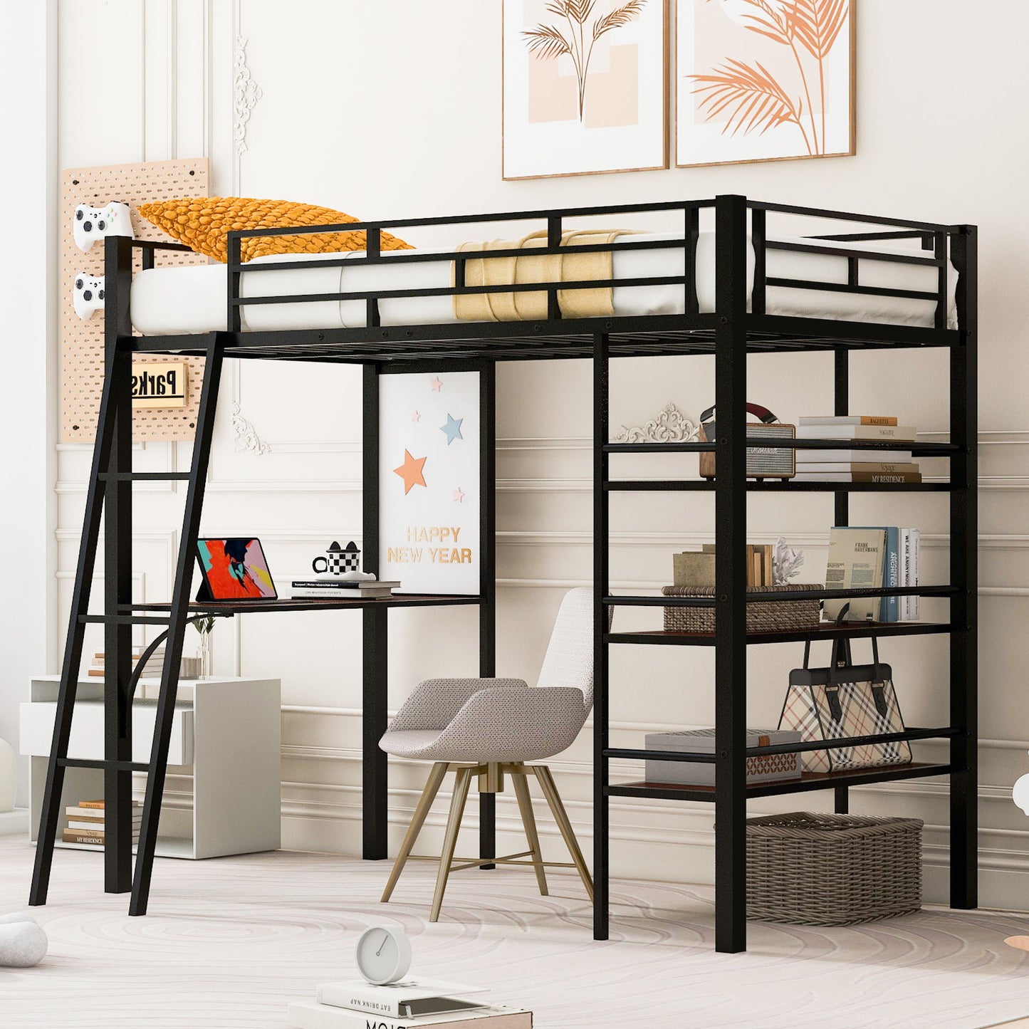 Loft Metal Bed With 3 Layers Of Shelves And Desk, Stylish Metal Frame Bed With board - The Sleep Loft - Online Mattress Showroom NYC