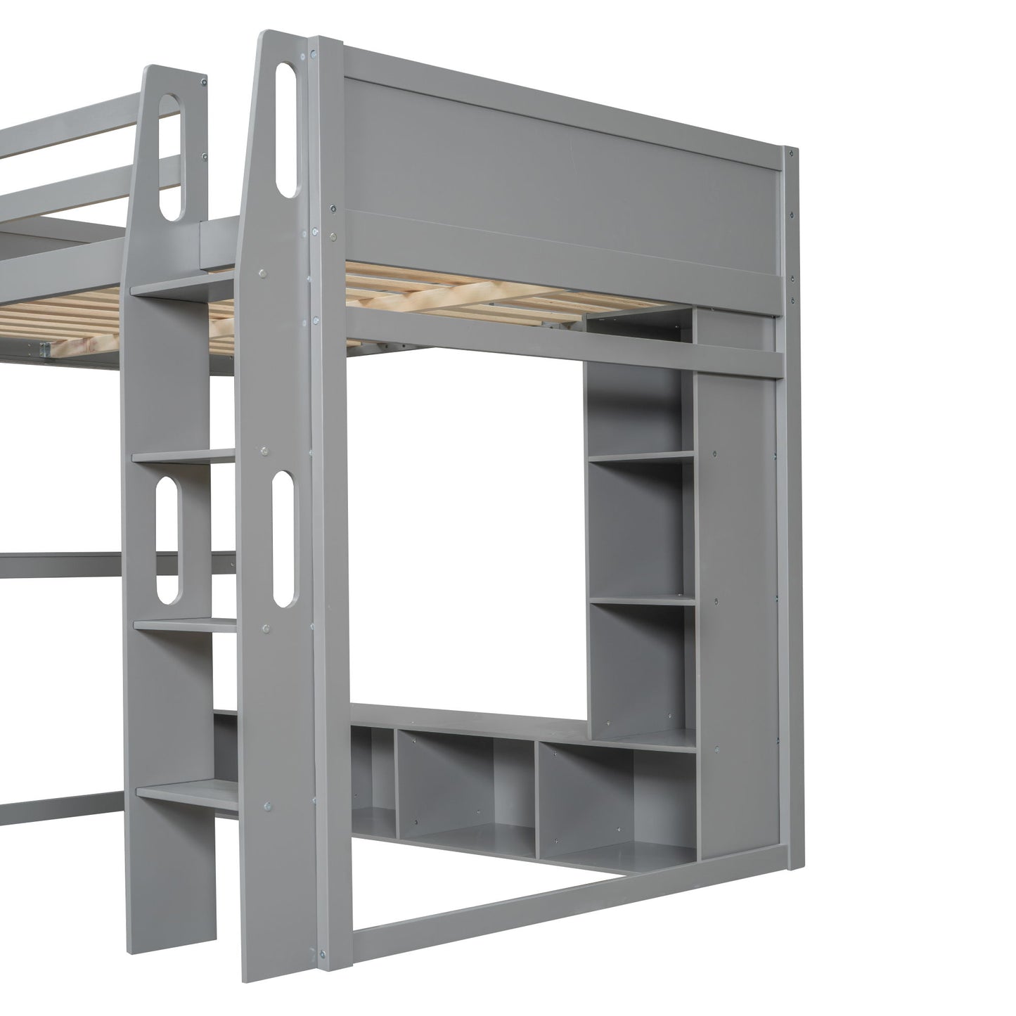Full Size Gaming Loft Bed With Desk, Multi Storage Shelves, LED Lighting, And Hanging Clothes Rack - Gray - The Sleep Loft - Online Mattress Showroom NYC