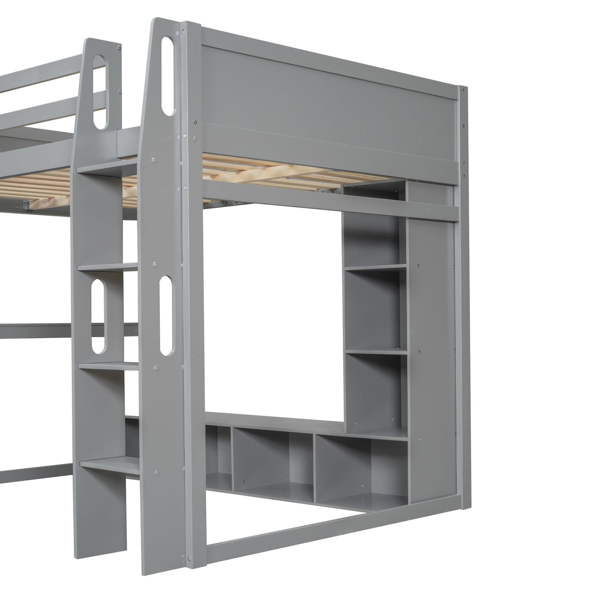 Full Size Gaming Loft Bed With Desk, Multi Storage Shelves, LED Lighting, And Hanging Clothes Rack - Gray - The Sleep Loft - Online Mattress Showroom NYC