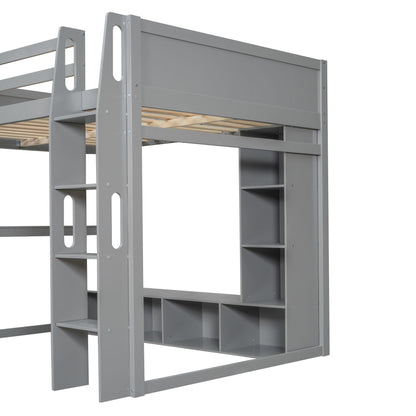 Full Size Gaming Loft Bed With Desk, Multi Storage Shelves, LED Lighting, And Hanging Clothes Rack - Gray - The Sleep Loft - Online Mattress Showroom NYC