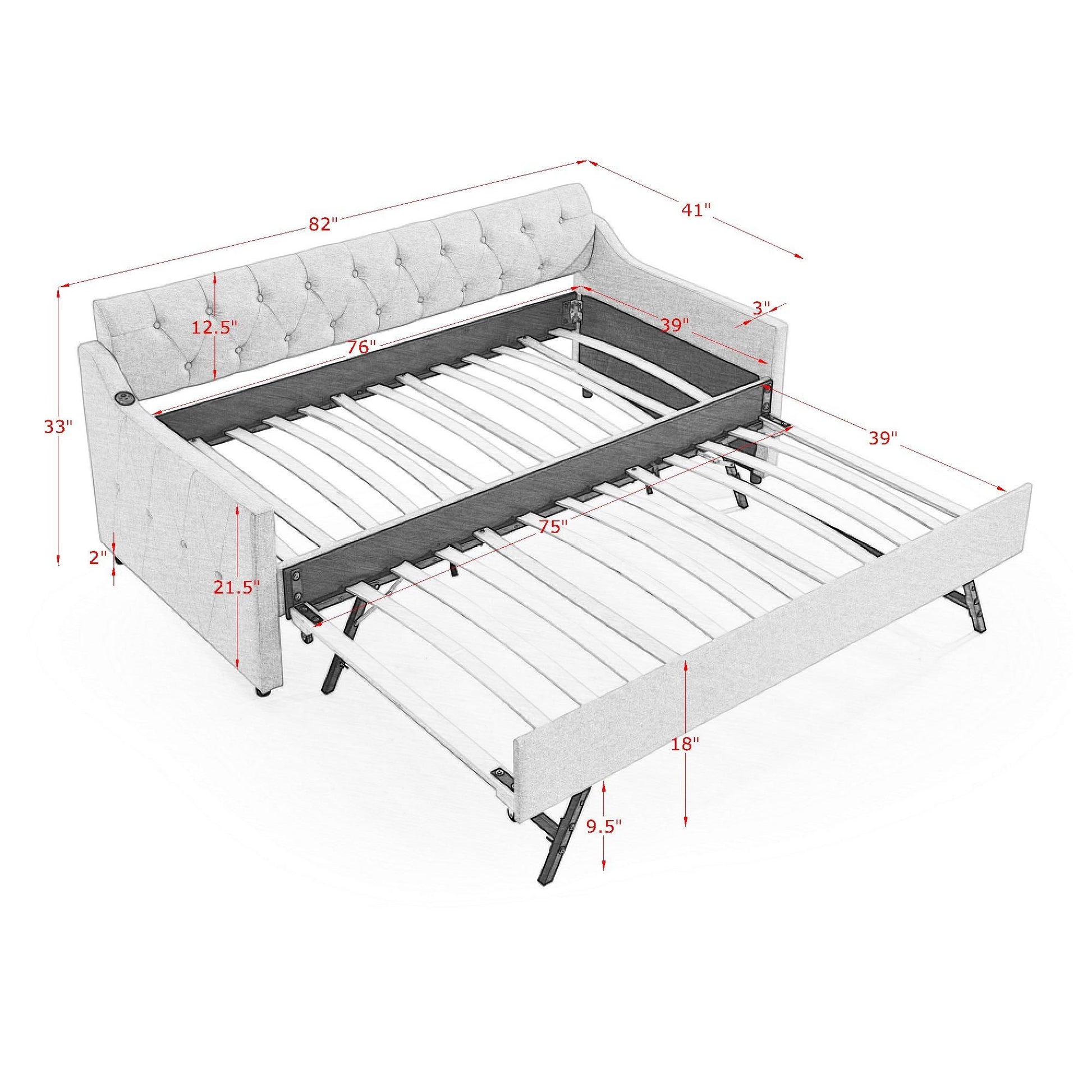 Size Upholstered Daybed With Trundle And USB Charging Armrest - The Sleep Loft - Online Mattress Showroom NYC