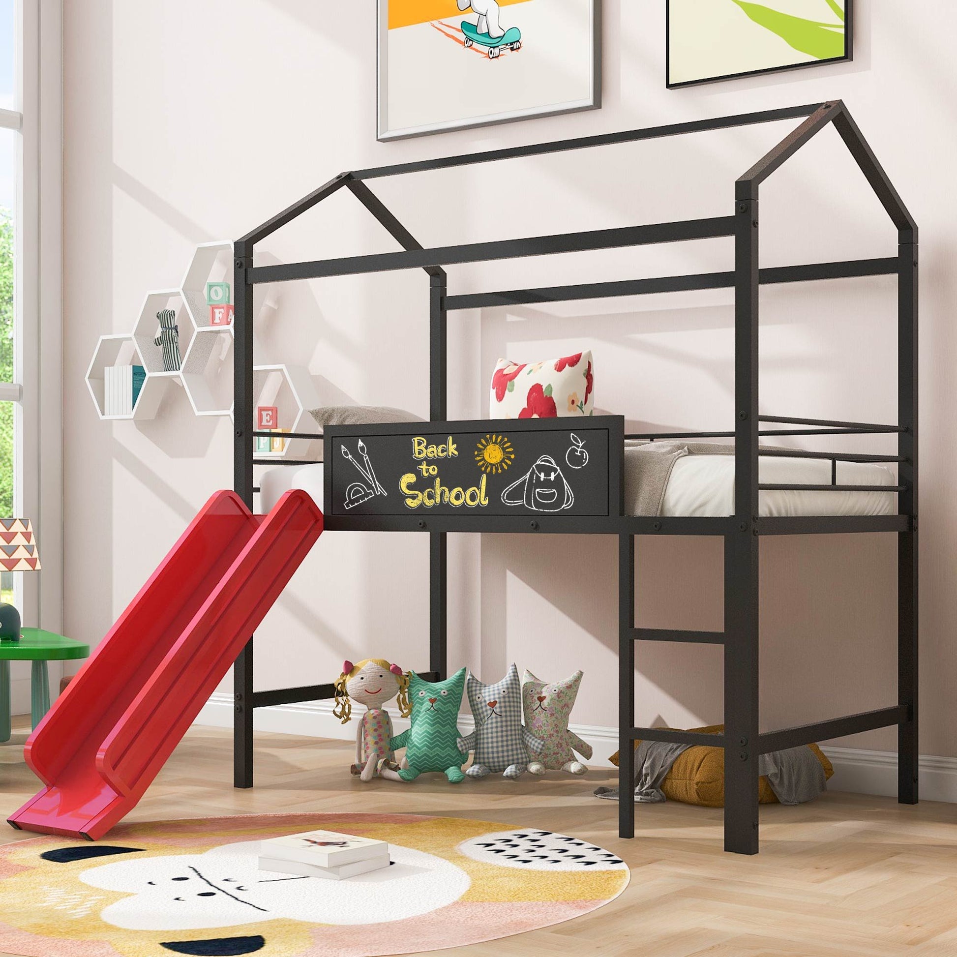 Twin Metal Loft Bed With Slide And 2 Sided Writable Wooden Board - Black - The Sleep Loft - Online Mattress Showroom NYC