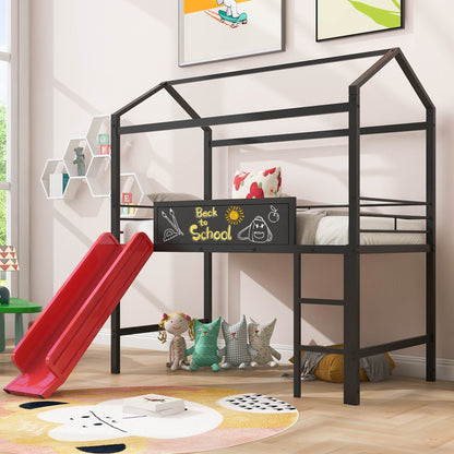 Twin Metal Loft Bed With Slide And 2 Sided Writable Wooden Board - Black - The Sleep Loft - Online Mattress Showroom NYC