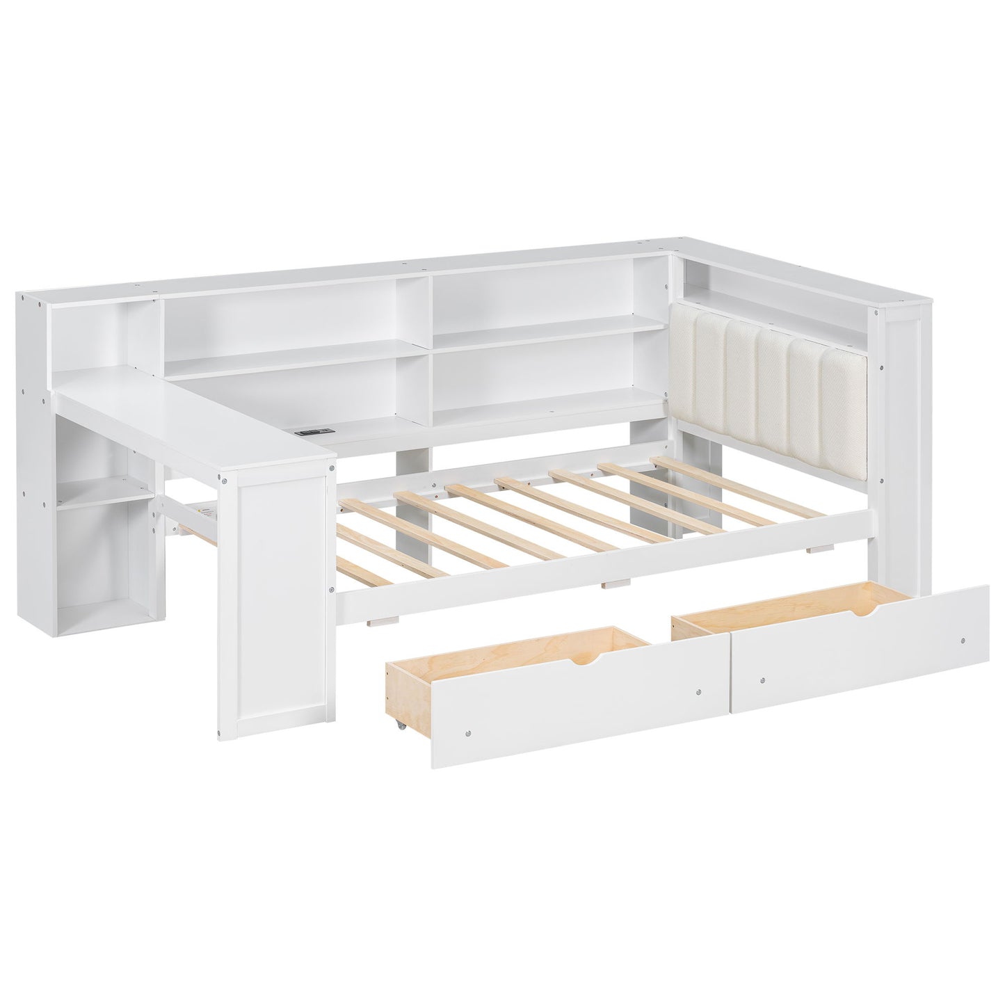 Platform Bed With Upholstered Headboard, Storage Shelves, Drawers, Charging Station, LED Lighting, Built In Desk - The Sleep Loft - Online Mattress Showroom NYC