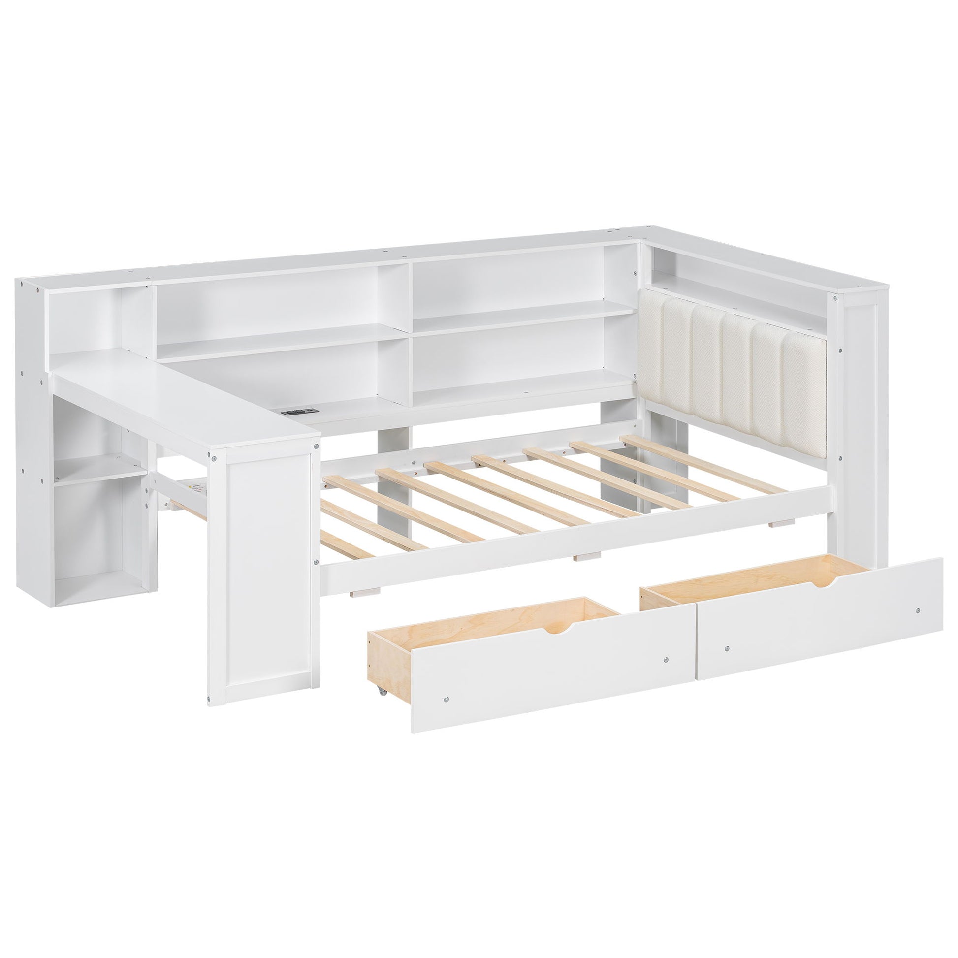 Platform Bed With Upholstered Headboard, Storage Shelves, Drawers, Charging Station, LED Lighting, Built In Desk - The Sleep Loft - Online Mattress Showroom NYC