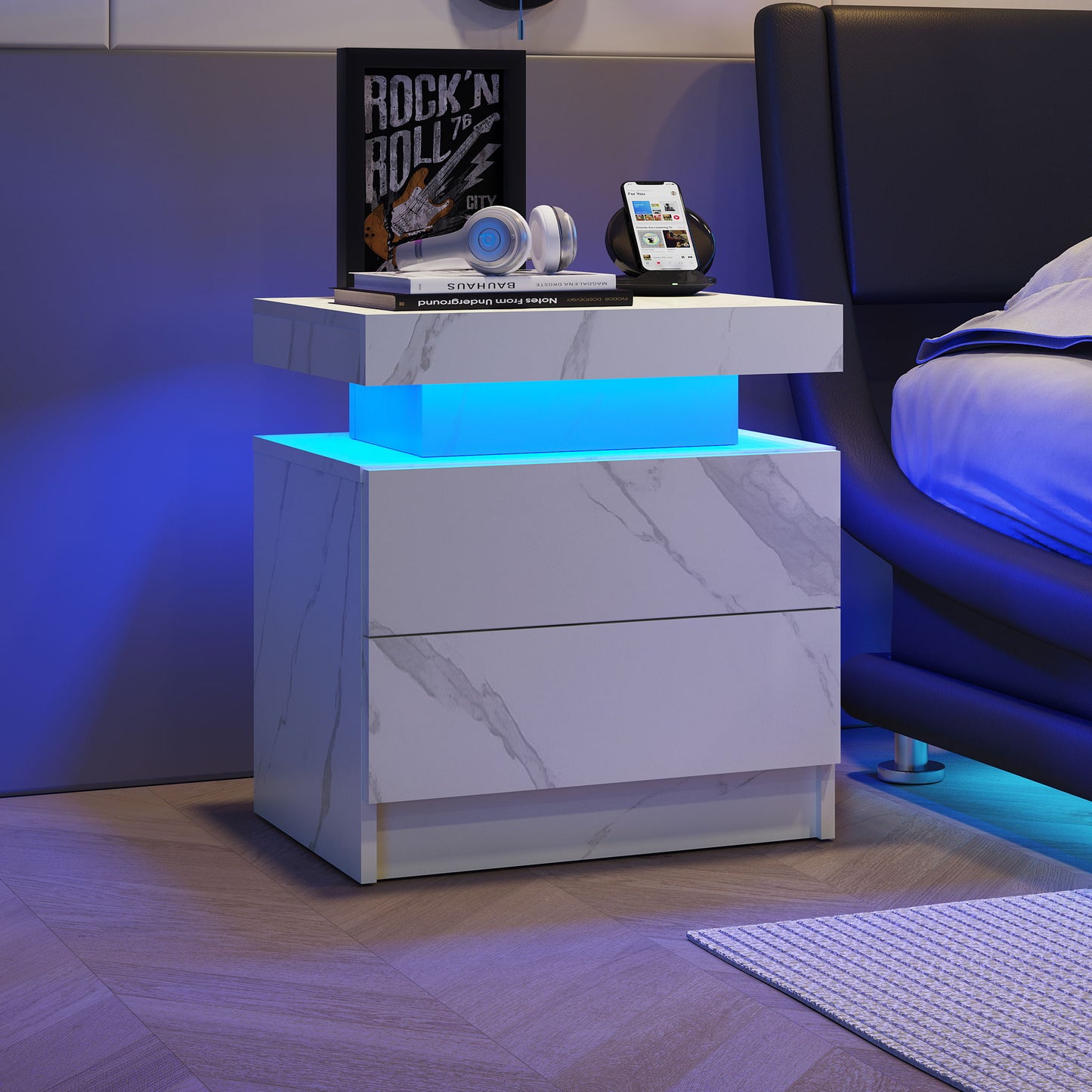 Nightstand LED, Bedside Table Cabinet With 2 Drawers For Bedroom - The Sleep Loft - Online Mattress Showroom NYC