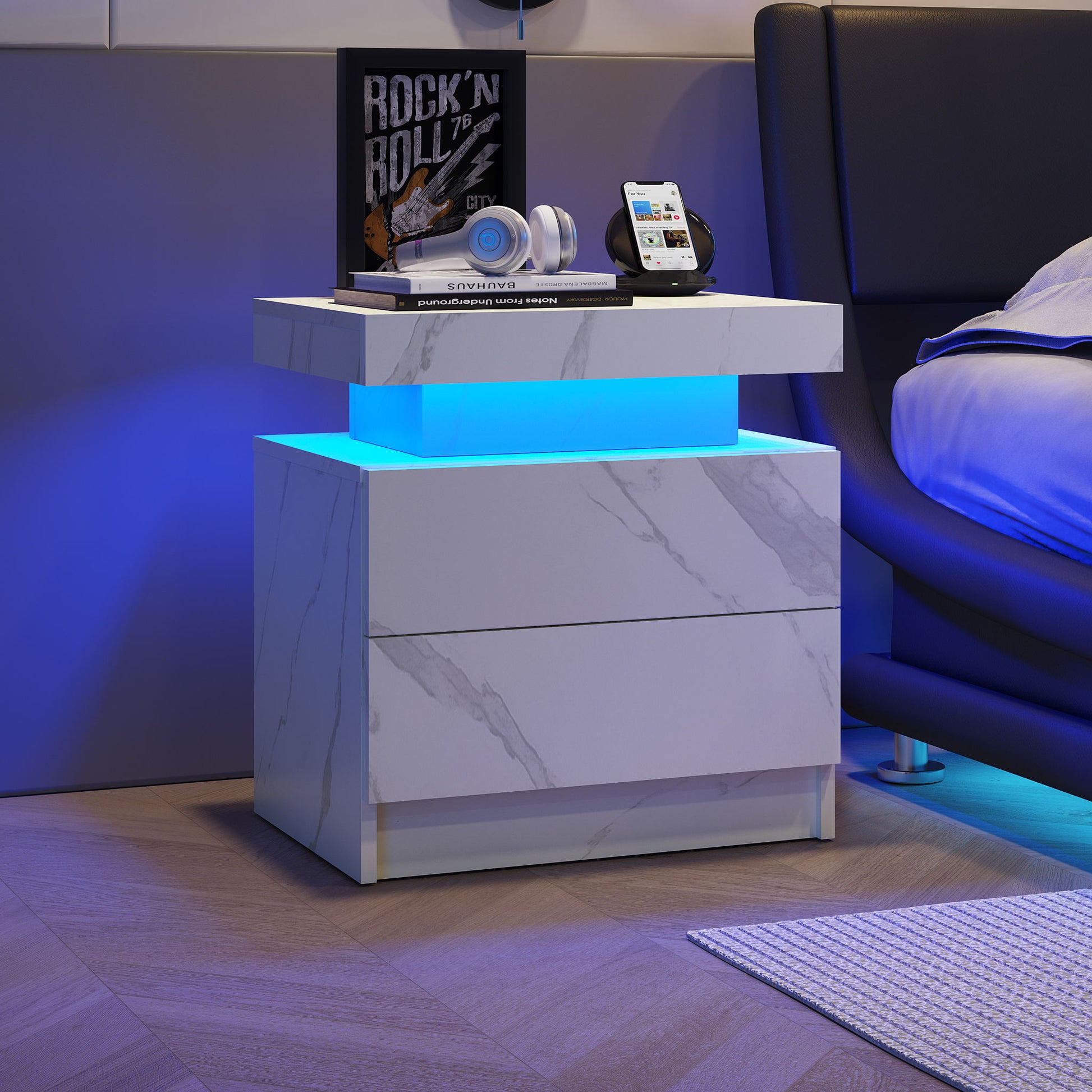 Nightstand LED, Bedside Table Cabinet With 2 Drawers For Bedroom - The Sleep Loft - Online Mattress Showroom NYC