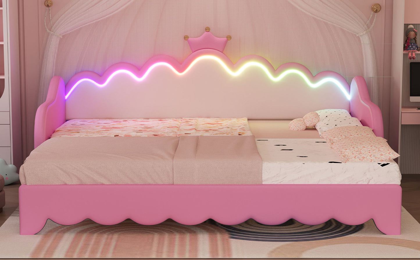 Extending Daybed With LED Lights, Modern Upholstered Princess Daybed With Crown Headboard - The Sleep Loft - Online Mattress Showroom NYC