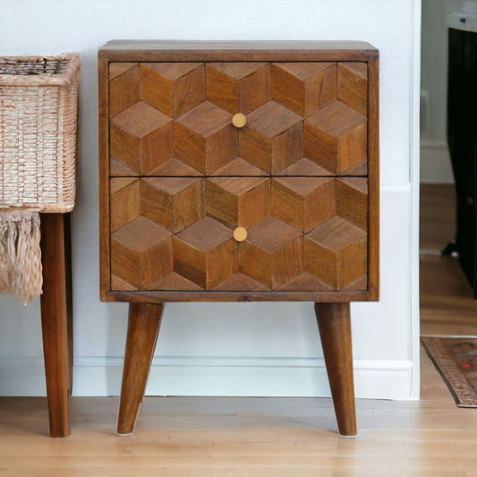 Cube Carved Bedside Table Nightstand - Chestnut - The Sleep Loft - Online Mattress Showroom NYC
