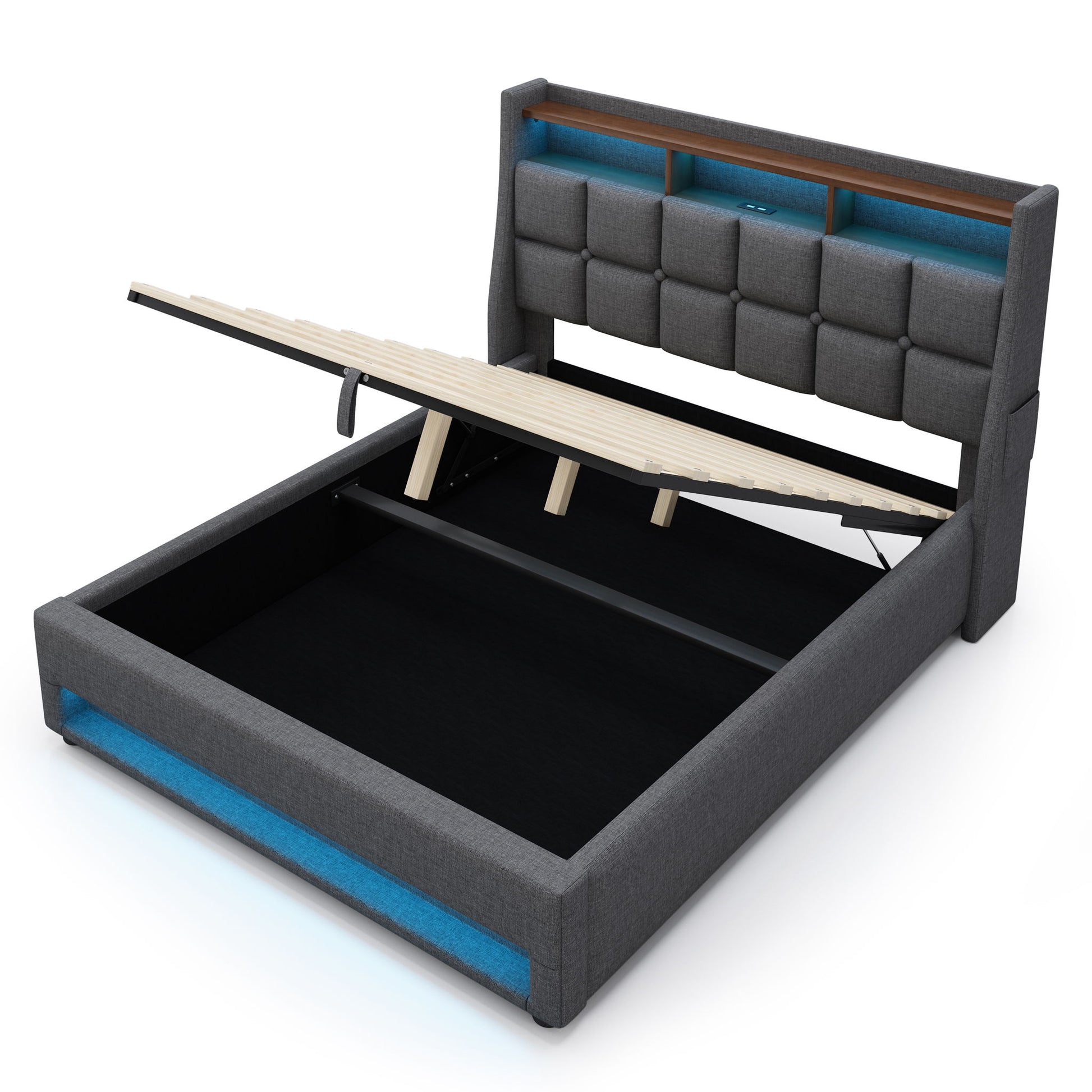 Upholstered Platform Bed With A Hydraulic Storage System, LED And USB Charging (Without Mattress) - The Sleep Loft - Online Mattress Showroom NYC