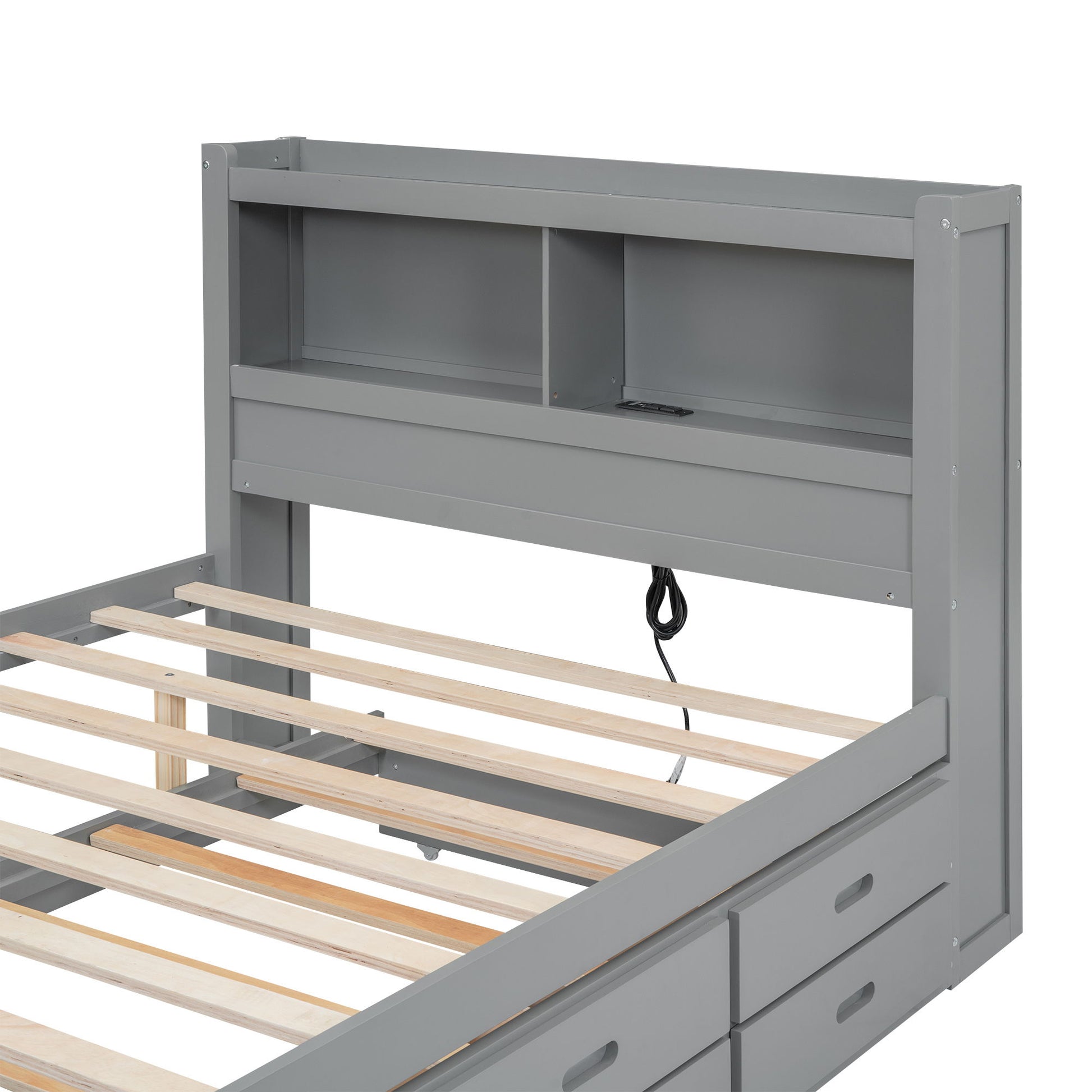 Full Size Platform Bed With Trundle, Drawers, USB Ports And Built In Shelves - Gray - The Sleep Loft - Online Mattress Showroom NYC