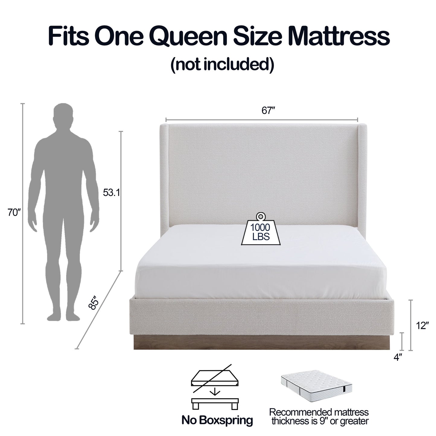 Hosford - Minimalist Upholstered Wingback Bed With Wood Base Platform - The Sleep Loft - Online Mattress Showroom NYC