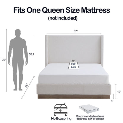 Hosford - Minimalist Upholstered Wingback Bed With Wood Base Platform - The Sleep Loft - Online Mattress Showroom NYC