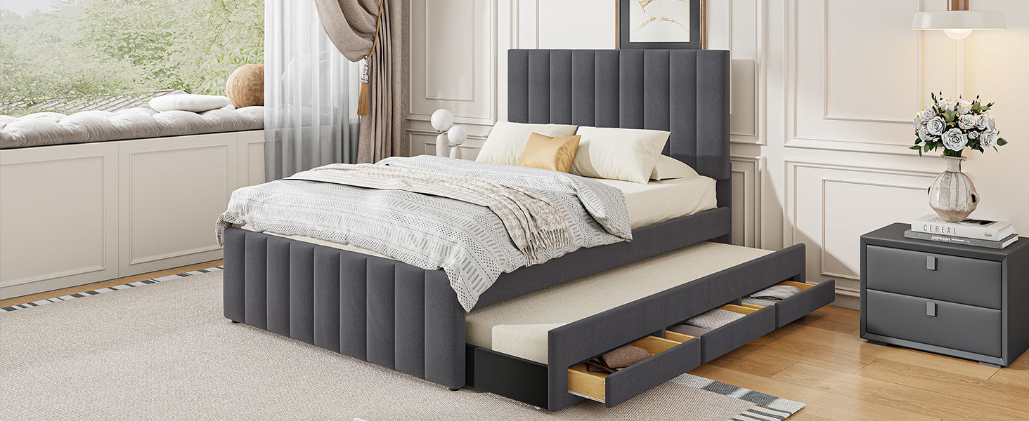Upholstered Platform Bed With Twin Size Trundle And 3 Drawers - The Sleep Loft - Online Mattress Showroom NYC