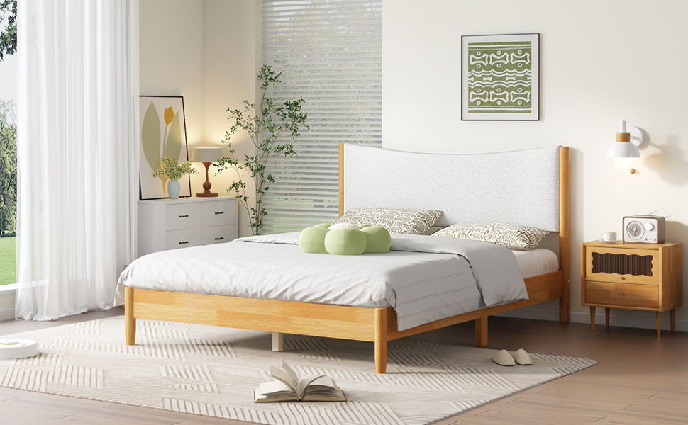 Queen Size Rubber Wooden, Solid Wooden Bed With Teddy Velvet Cushion Upholstered Headboard, Enhanced By Support Feet - Natural - The Sleep Loft - Online Mattress Showroom NYC