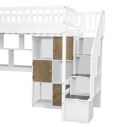 Loft Bed With Built In L Shaped Desk, LED Lights, Storage Shelves, Cabinets, And Staircase - The Sleep Loft - Online Mattress Showroom NYC