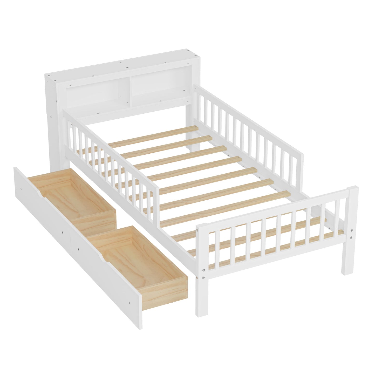 Bed With Headboard Storage Rack, 2 Under Bed Drawers, 3 Side Guardrails For Safety - The Sleep Loft - Online Mattress Showroom NYC