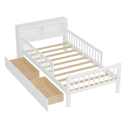 Bed With Headboard Storage Rack, 2 Under Bed Drawers, 3 Side Guardrails For Safety - The Sleep Loft - Online Mattress Showroom NYC