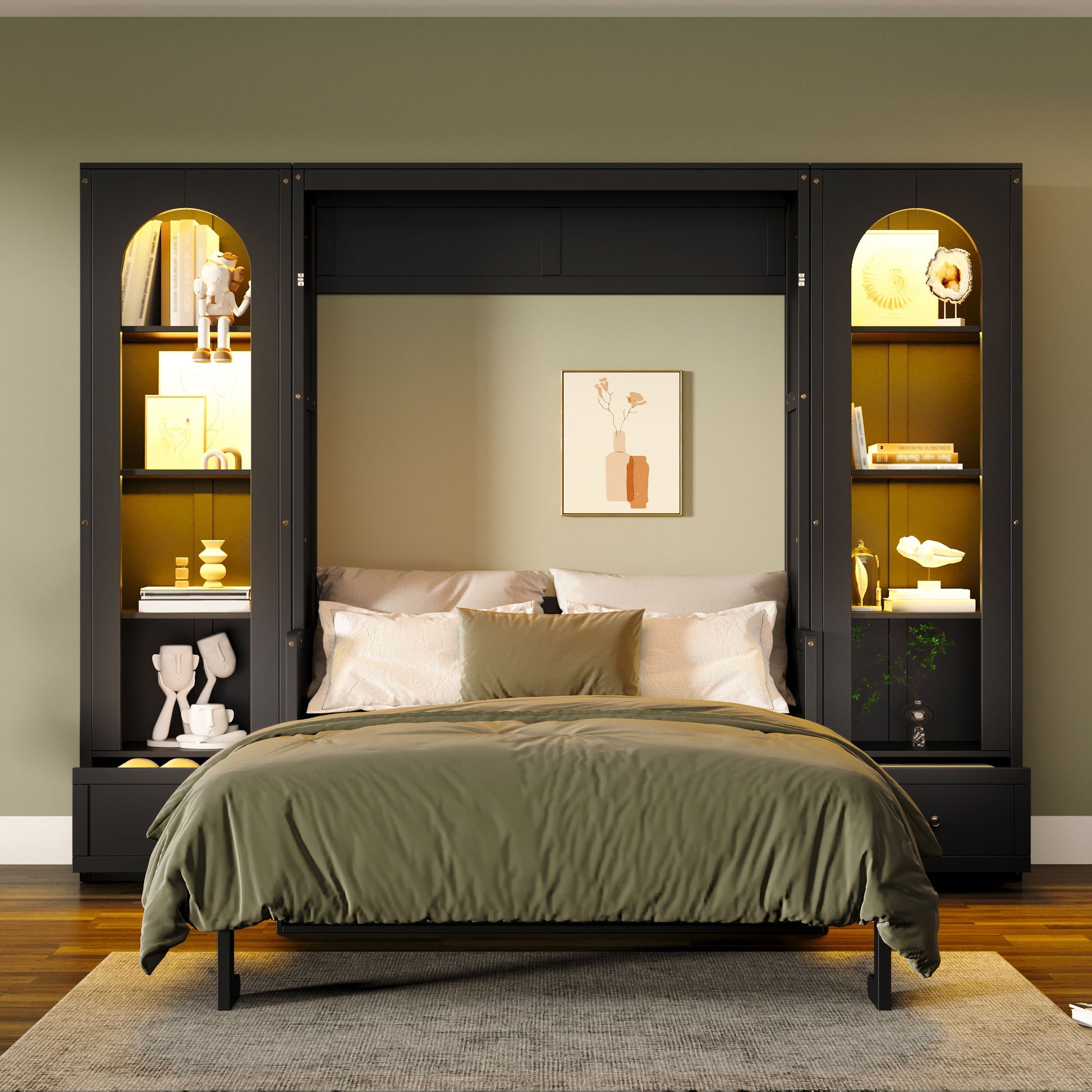 French Style Murphy Platform Bed With Shelf, Side Cabinets, Drawers And LED - The Sleep Loft - Online Mattress Showroom NYC