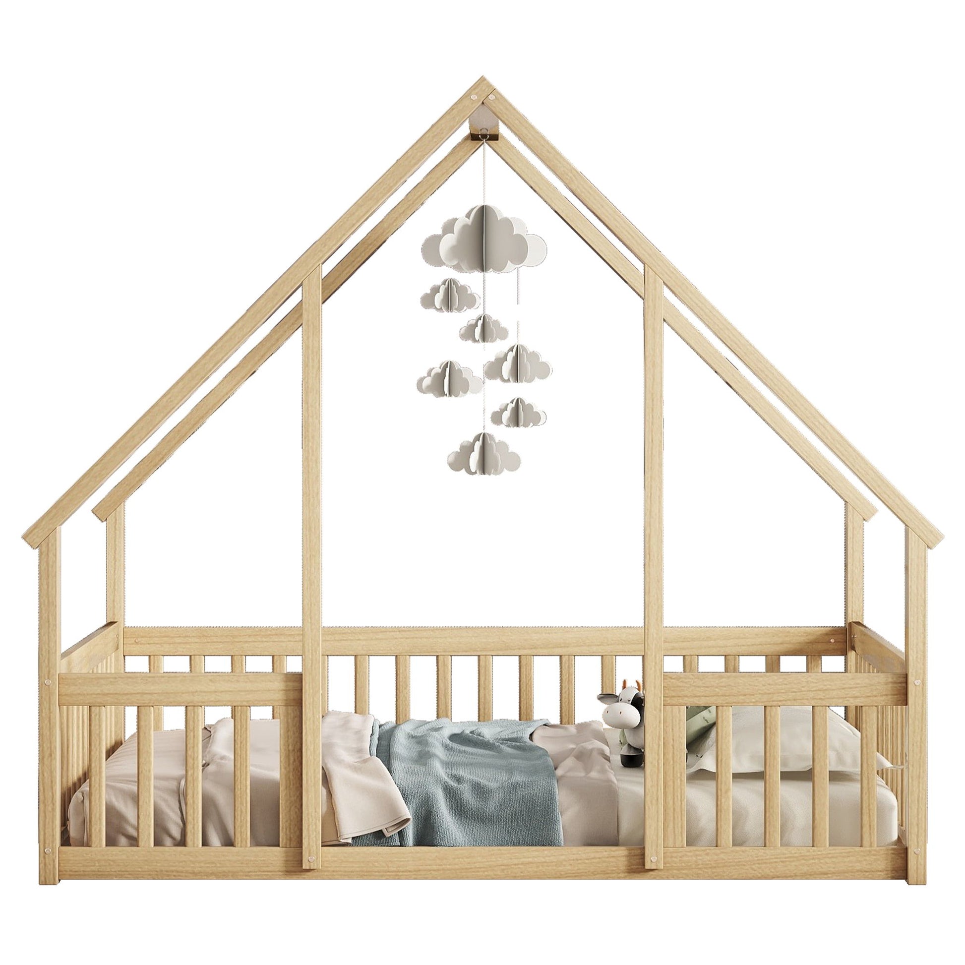 Wood House-Shaped Floor Bed With Fence, Guardrails - The Sleep Loft - Online Mattress Showroom NYC