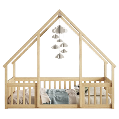 Wood House-Shaped Floor Bed With Fence, Guardrails - The Sleep Loft - Online Mattress Showroom NYC