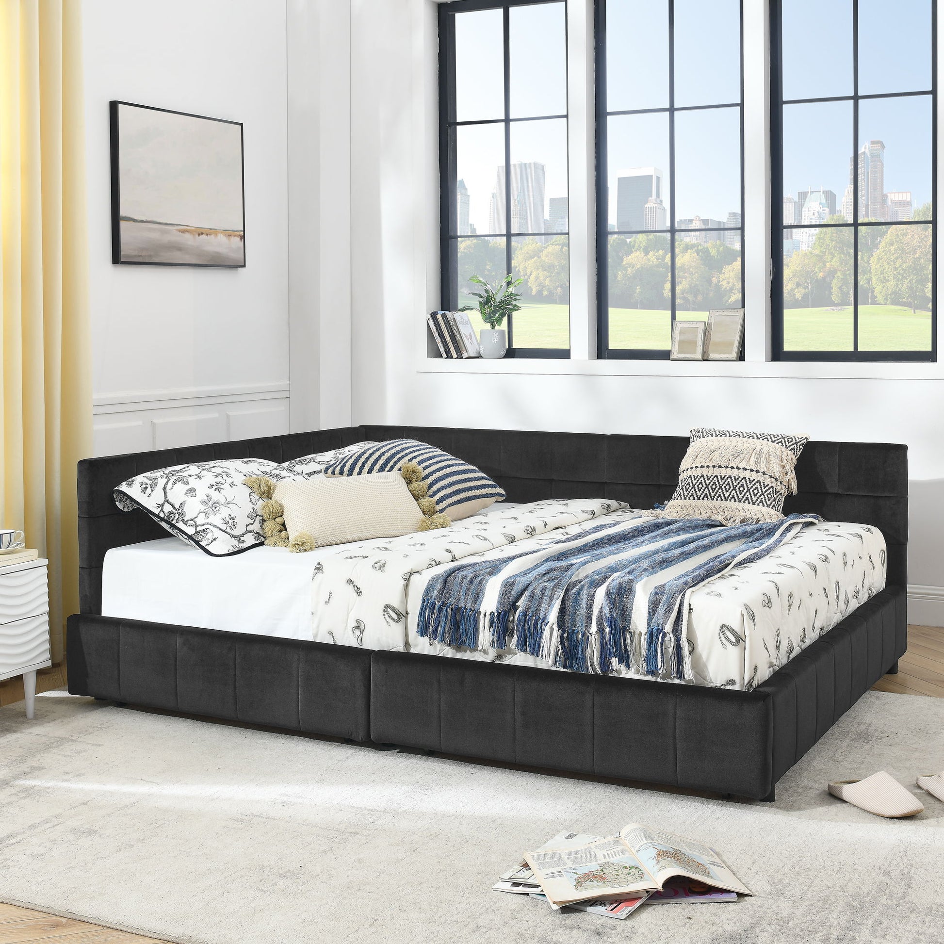 Mid-Century Storage Upholstered Tufted Bed Frame With Backrest And Armrests - The Sleep Loft - Online Mattress Showroom NYC