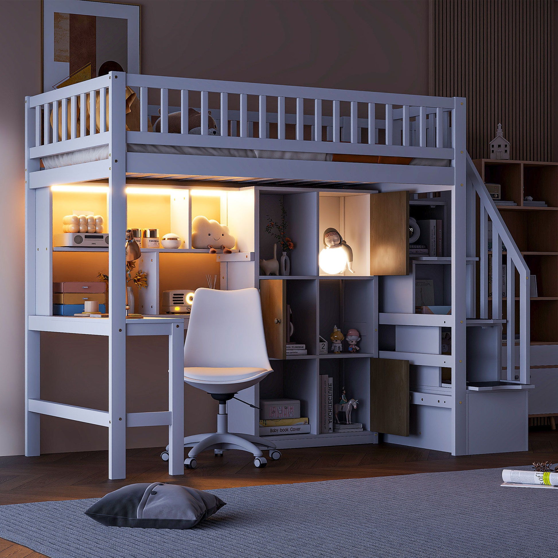 Loft Bed With Built In L Shaped Desk, LED Lights, Storage Shelves, Cabinets, And Staircase - The Sleep Loft - Online Mattress Showroom NYC