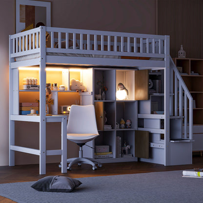 Loft Bed With Built In L Shaped Desk, LED Lights, Storage Shelves, Cabinets, And Staircase - The Sleep Loft - Online Mattress Showroom NYC