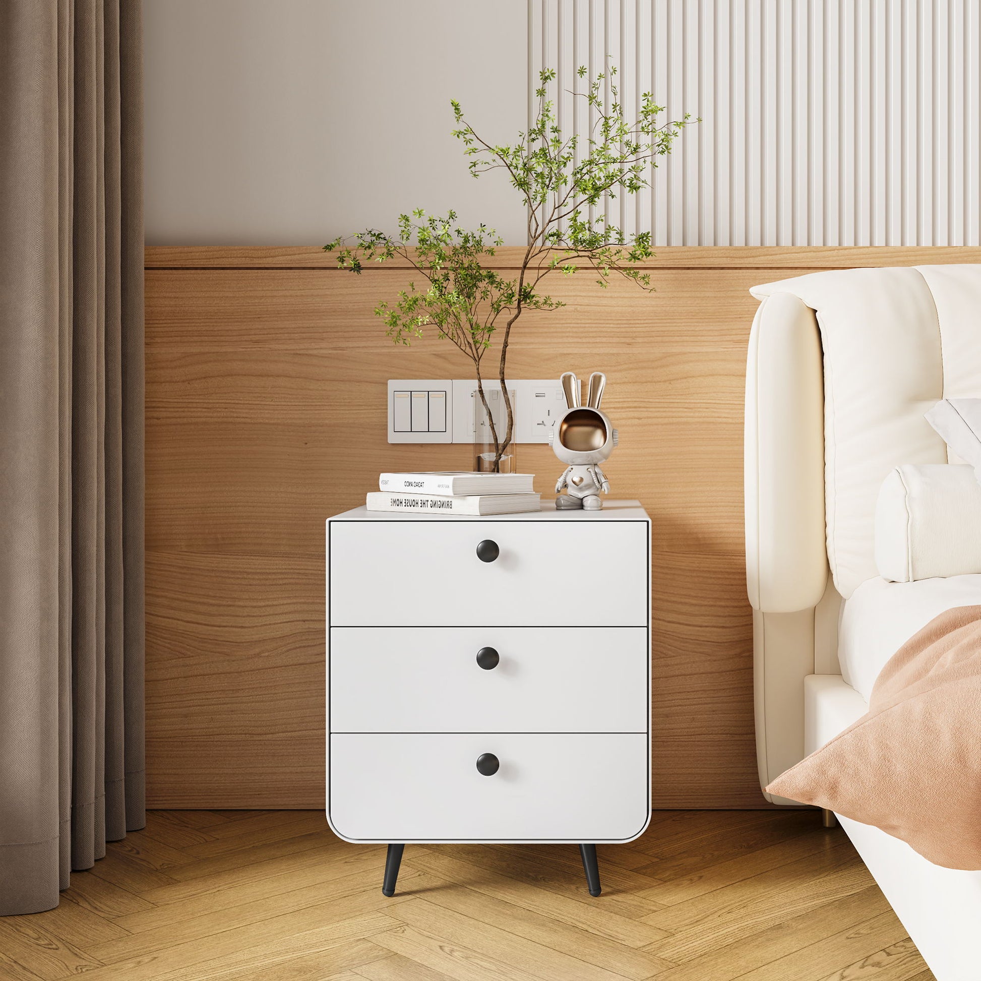 Modern Night Stand Storage Cabinet For Living Room Bedroom, Steel Cabinet With 3 Drawers, Bedside Furniture, Circular Handle - White - The Sleep Loft - Online Mattress Showroom NYC