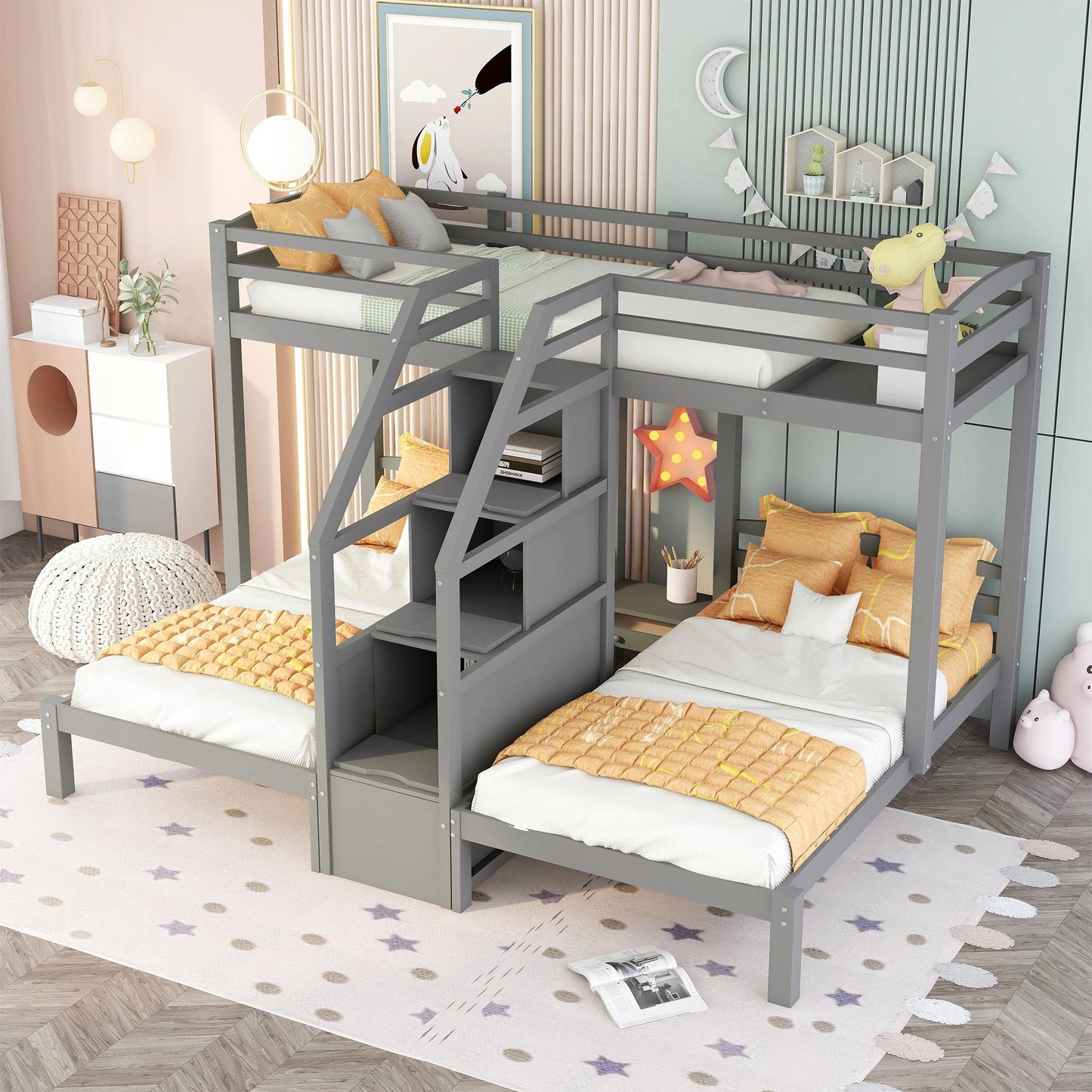 Twin Over Twin & Twin Bunk Bed With Built In Staircase And Storage Drawer - Gray - The Sleep Loft - Online Mattress Showroom NYC