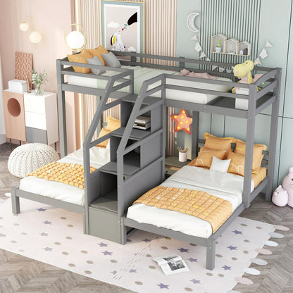 Twin Over Twin & Twin Bunk Bed With Built In Staircase And Storage Drawer - Gray - The Sleep Loft - Online Mattress Showroom NYC