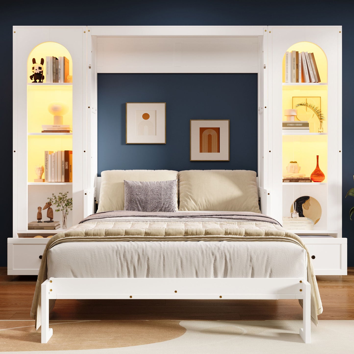 French Style Murphy Platform Bed With Shelf, Side Cabinets, Drawers And LED - The Sleep Loft - Online Mattress Showroom NYC