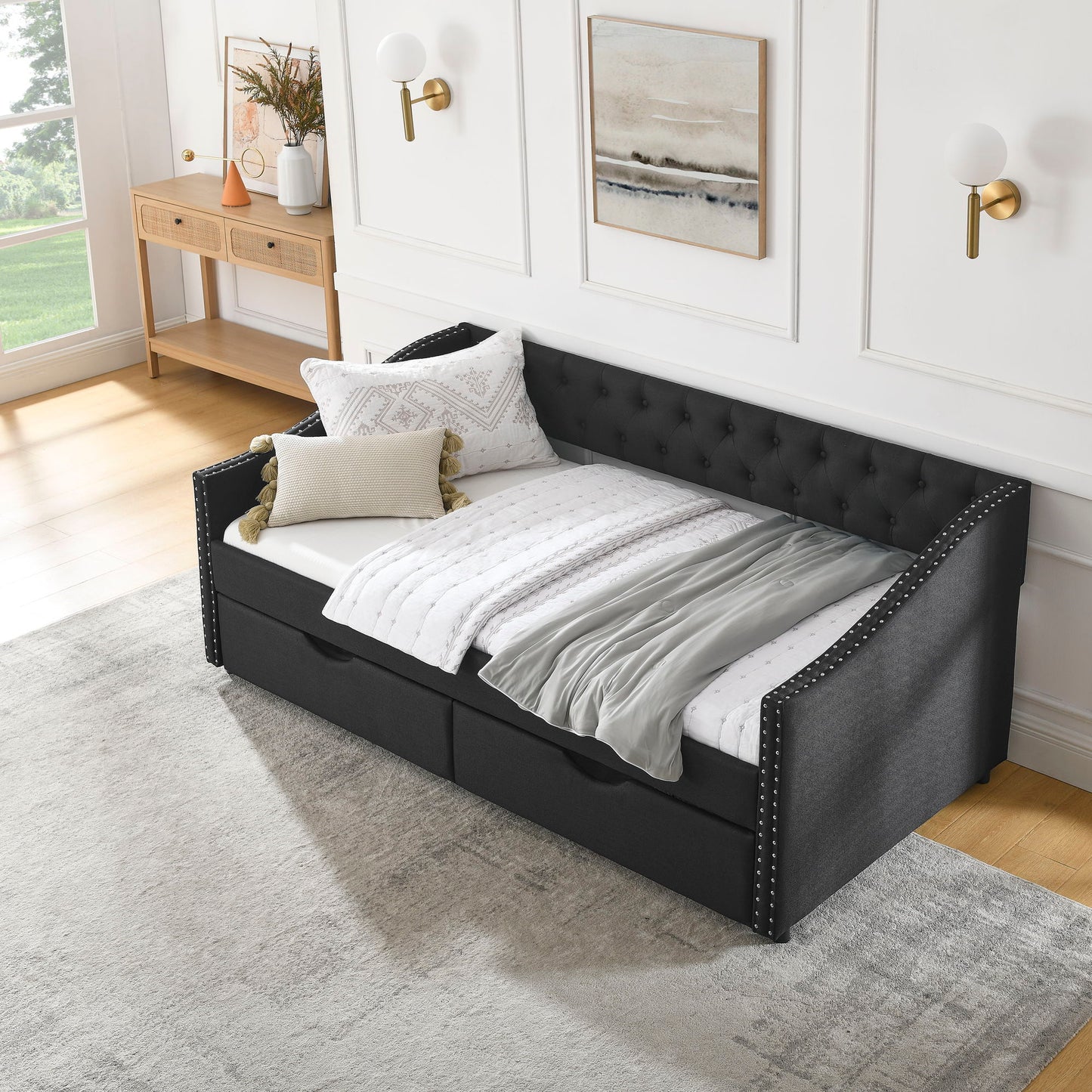 Upholstered Tufted Daybed With 2 Drawers, Waved Arms - The Sleep Loft - Online Mattress Showroom NYC