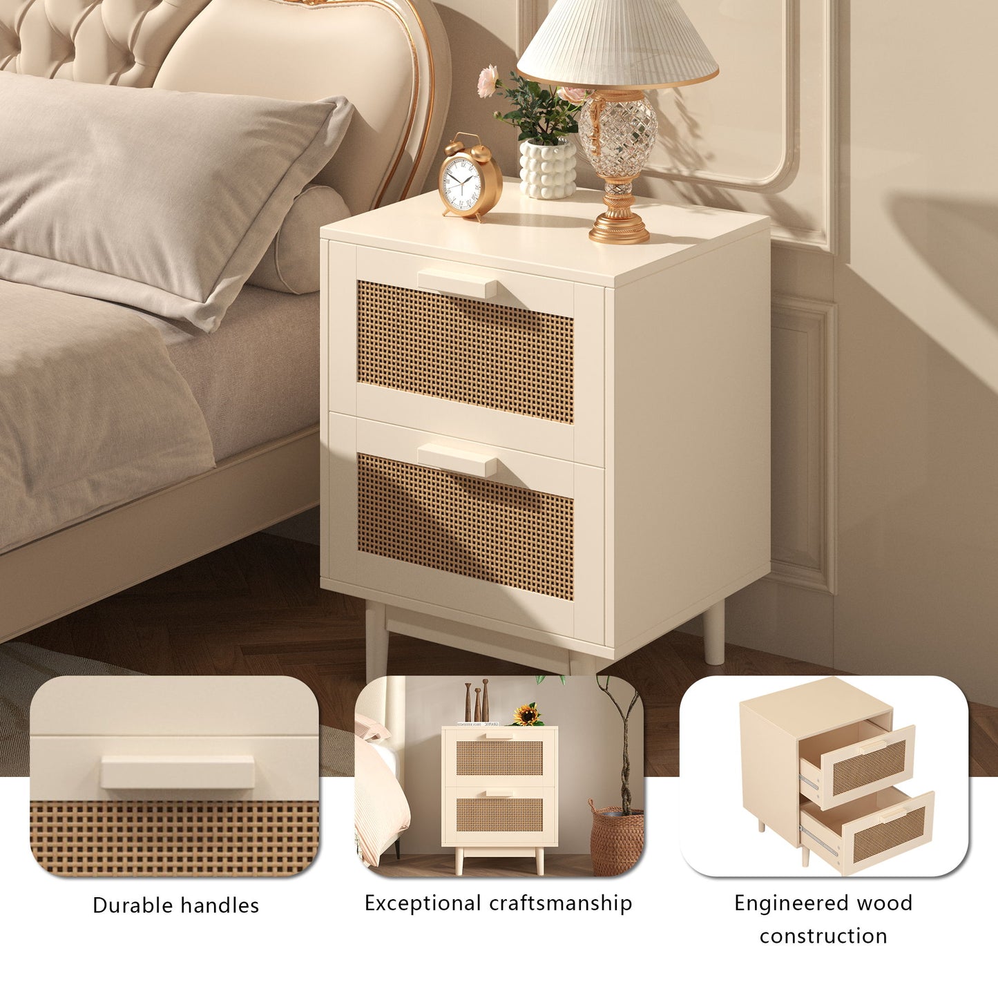 Nightstand With 2 Drawers, Storage Side Table For Bedroom - Antique Natural / Rattan - The Sleep Loft - Online Mattress Showroom NYC