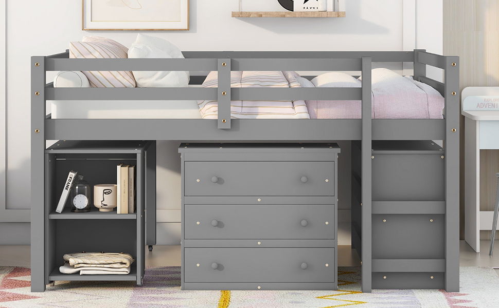 Loft Low Study Bed With Cabinet, Shelves And Rolling Portable Desk, Multiple Functions - The Sleep Loft - Online Mattress Showroom NYC