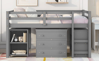 Loft Low Study Bed With Cabinet, Shelves And Rolling Portable Desk, Multiple Functions - The Sleep Loft - Online Mattress Showroom NYC